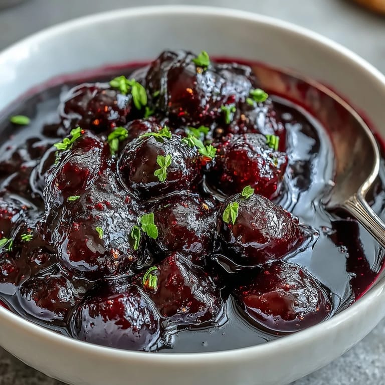 Dark purple Black Currant Reduction in a small white ramekin, surrounded by fresh currants and thyme sprigs.