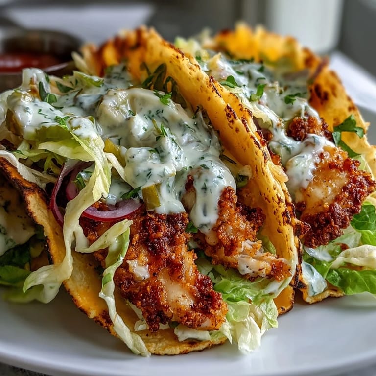Close-up of a crunchy, golden-cheese crusted tortilla holding juicy chicken, pickles, lettuce, and drizzled ranch.