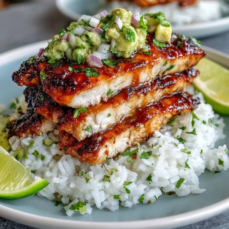 Sizzling Tangy Honey Lime Chicken rests on jasmine rice topped with cilantro avocado mix for dinner.