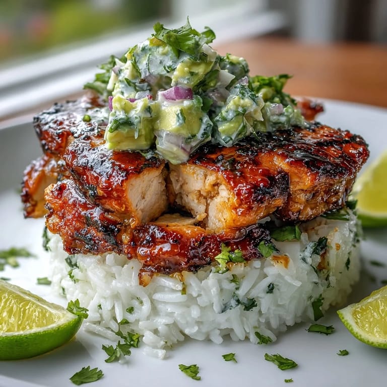 Sliced Tangy Honey Lime Chicken stacked with fragrant rice and avocado, garnished with bright lime wedges.