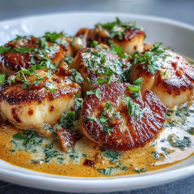 Seared Scallops with Spicy Cajun Cream Sauce served over rice with a drizzle of rich sauce.
