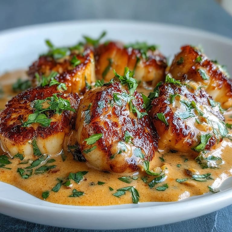 Perfectly pan-seared Scallops with Spicy Cajun Cream Sauce beside crusty bread for dipping in the velvety sauce.