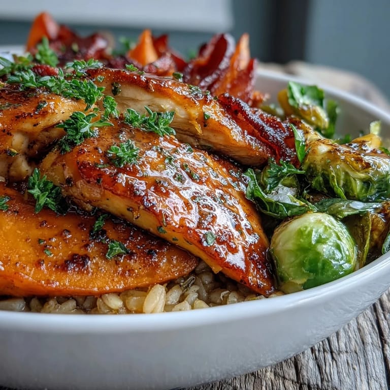 Hearty meal prep bowls feature tender glazed chicken, roasted autumn vegetables, and wholesome grain base, served warm for dinner.