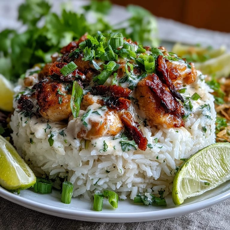 Serving suggestion for a Coconut Chicken Rice Bowl with sliced green onions, lime, and toasted cashews, ready to enjoy for dinner.