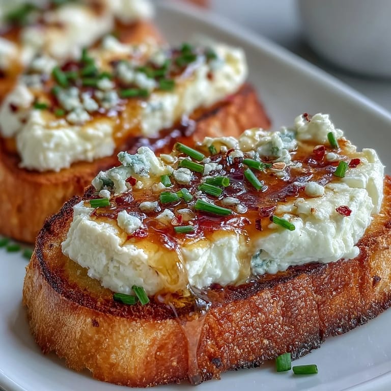 Rustic crostini spread with tangy goat cheese and cream cheese, finished with a spicy-sweet hot honey glaze and flaky sea salt.
