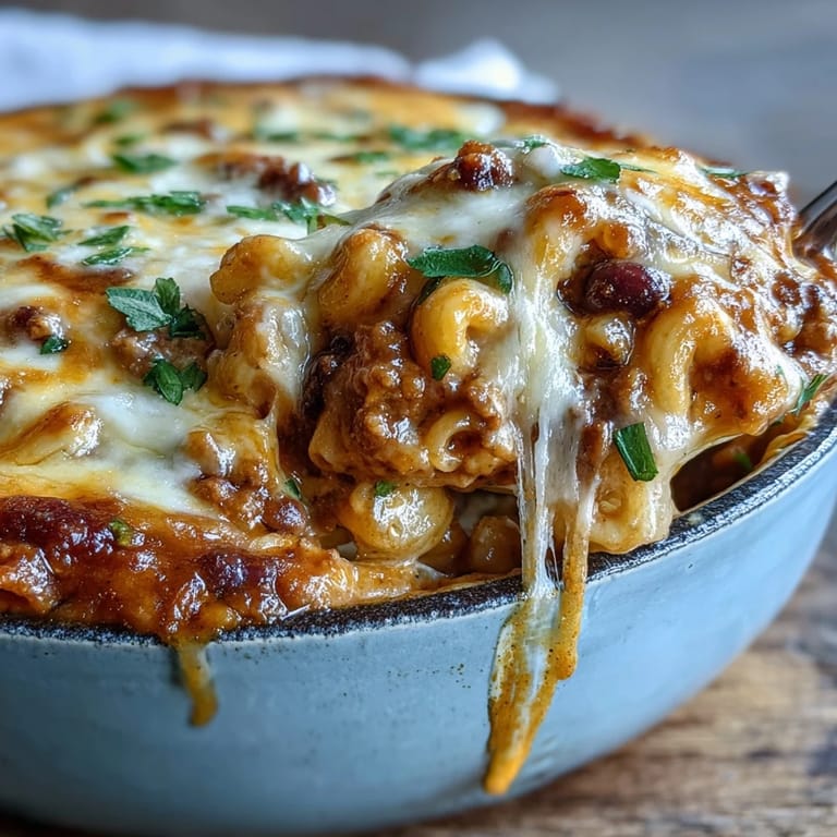 A spoon lifts cheesy, saucy Baked Ranch Turkey Chili Mac from a Dutch oven, served with sour cream.