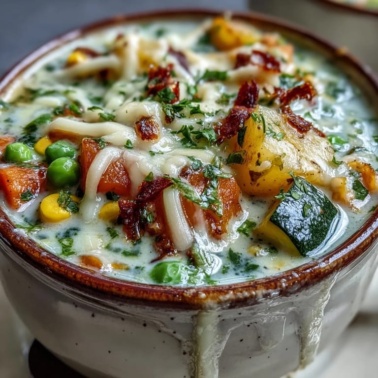 A ladle pours Creamy Garlic Parmesan Veggie Soup next to crusty bread, highlighting the thick, velvety texture and abundant melty cheese. 