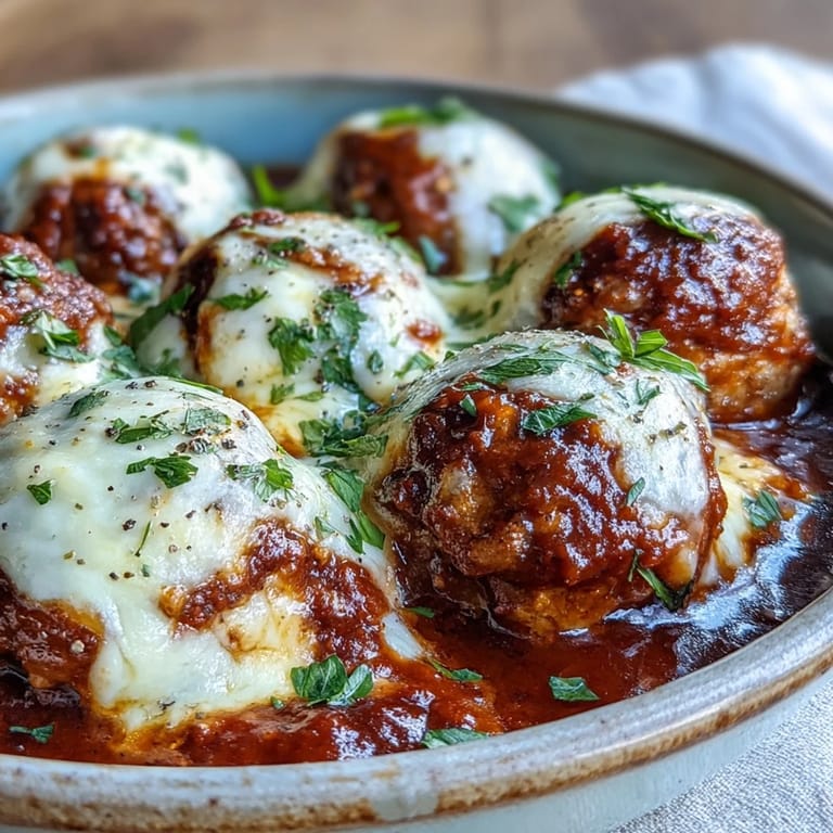 Serving suggestion: Baked Spicy Chicken Parm Meatballs in a white bowl, topped with fresh parsley.