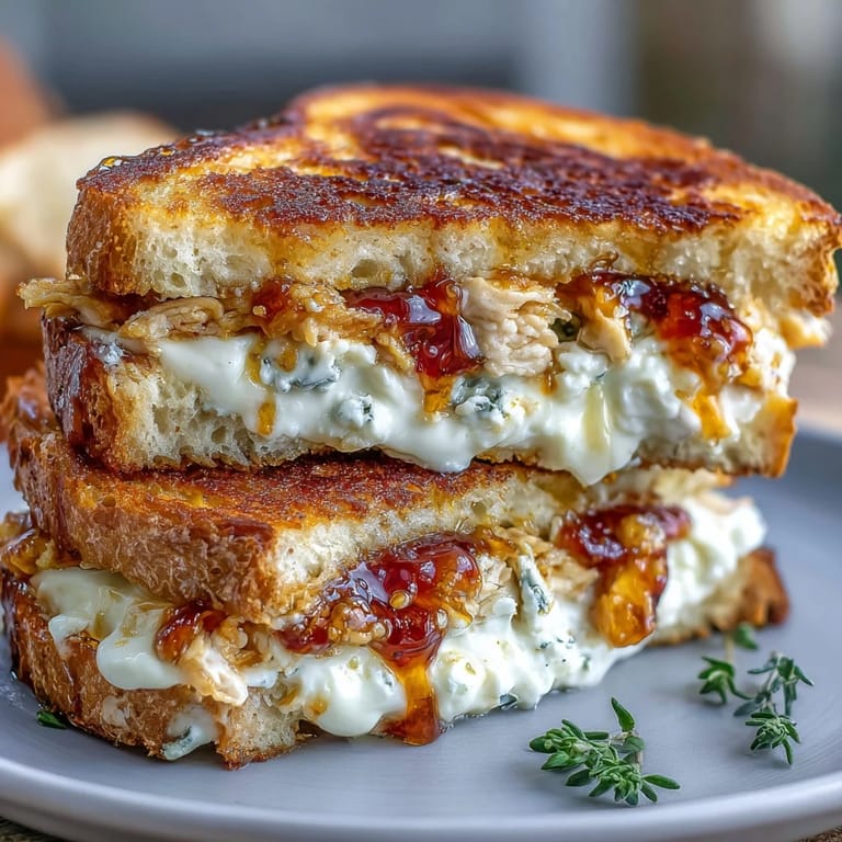 A close-up view of a gourmet grilled cheese, revealing melted goat cheese and juicy shredded chicken between buttery toasted slices.