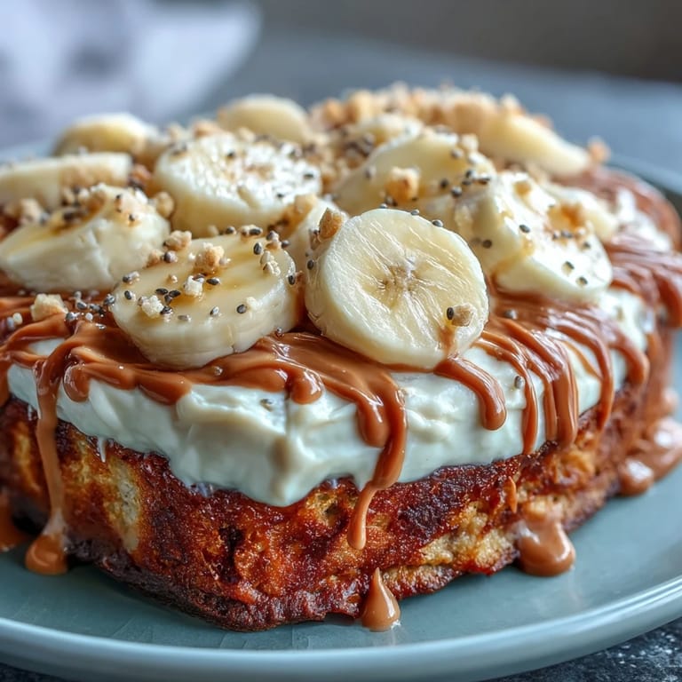 A warm High-Protein Breakfast Pizza Bowl topped with peanut butter drizzle and fresh banana slices.