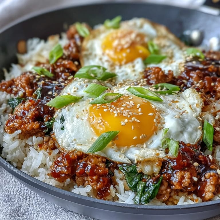 Golden ground turkey simmers in a spicy-sweet gochujang sauce, blended with fluffy rice and wilted spinach for a comforting one-pan dinner.