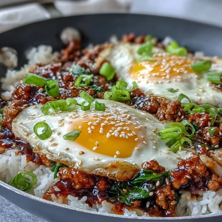 In a bowl, Korean-style turkey and rice are topped with halved jammy eggs, bright green onions, and sesame seeds beside tangy kimchi.