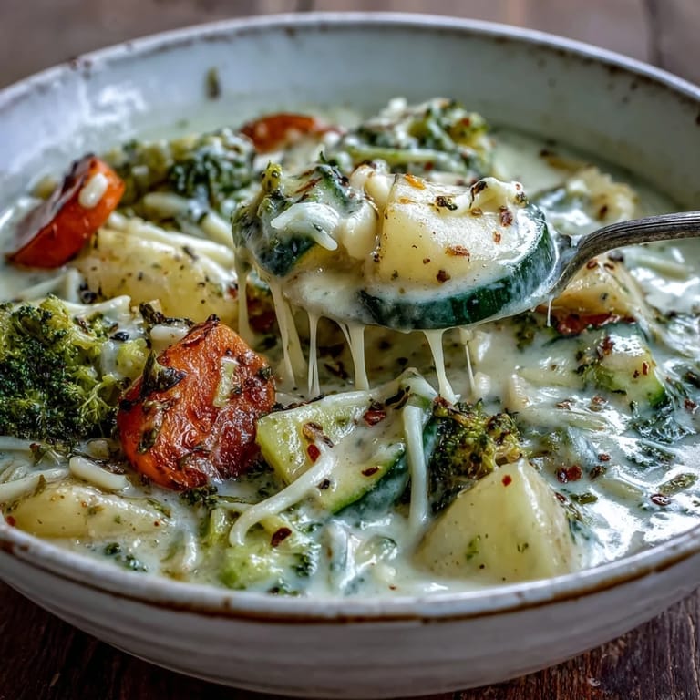 Served with crusty bread, this Creamy Garlic Parmesan Veggie Soup glows with rich, cheesy broth and colorful diced vegetables.
