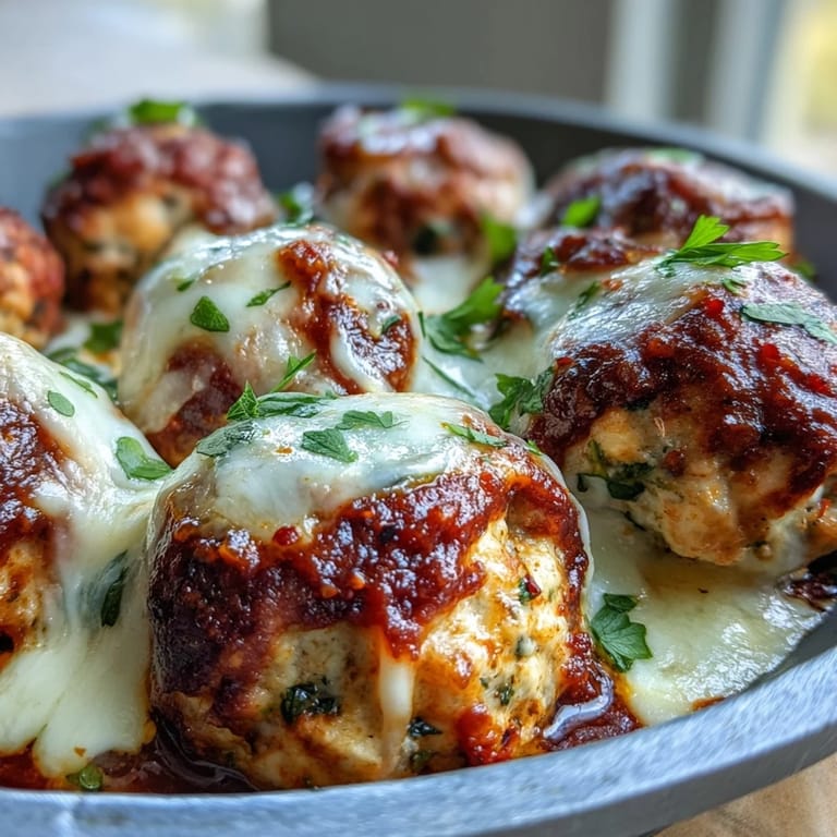 Golden brown Baked Spicy Chicken Parm Meatballs served over spaghetti for a family dinner.