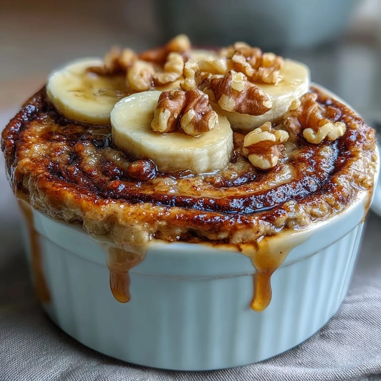 Golden brown Cinnamon Swirl Protein Banana Baked Oats with a visible ribbon of cinnamon, served warm from the oven.