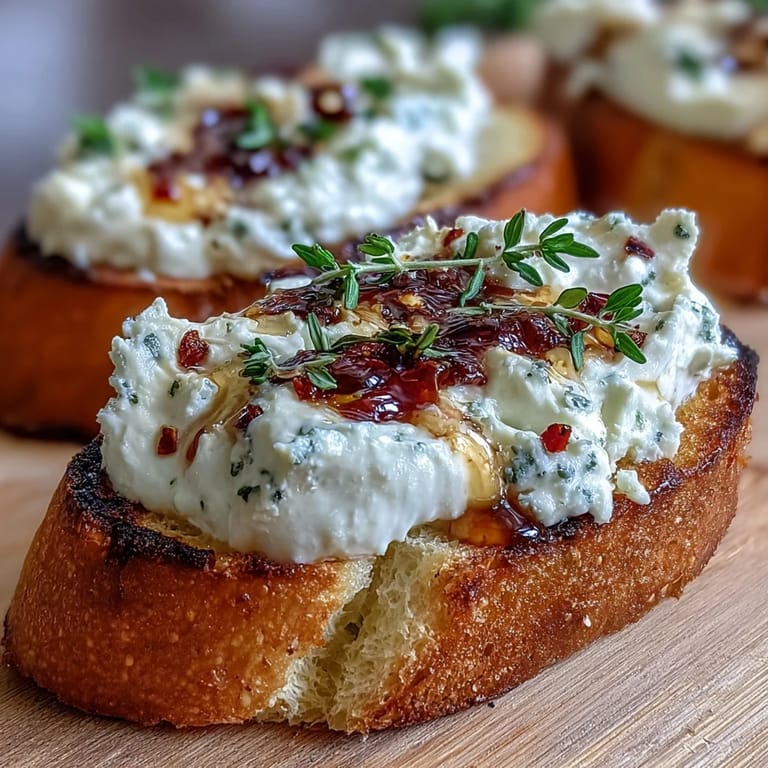 A platter of warm Hot Honey Goat Cheese Crostini with drizzled honey and chive garnish, ready to serve immediately.