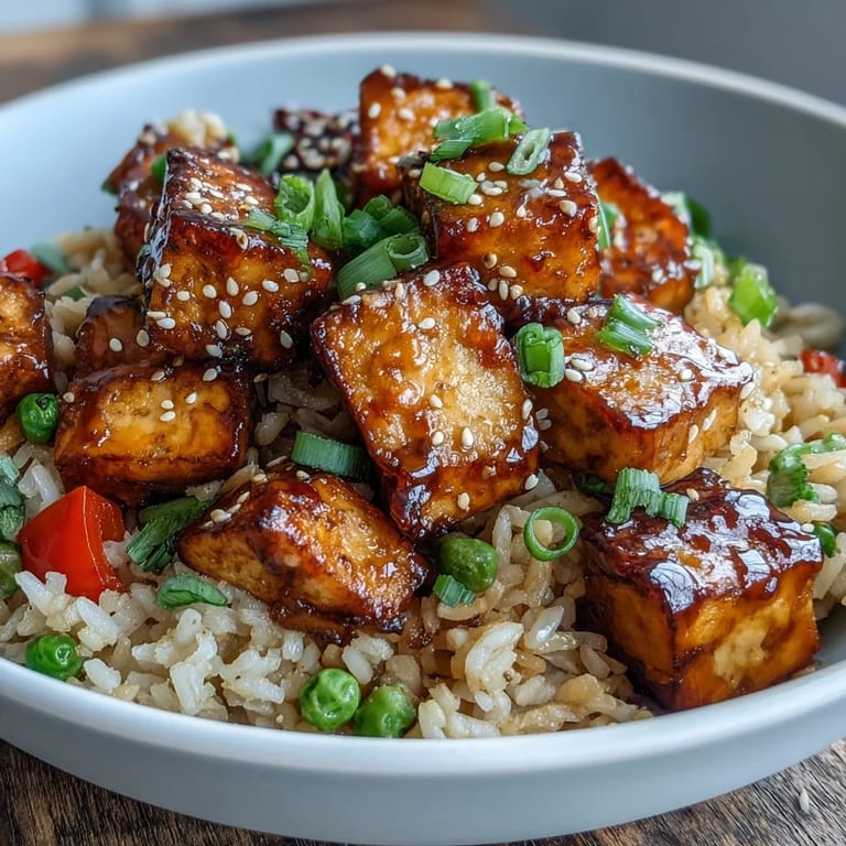 Golden brown crispy tofu and colorful veggies in a skillet of Crispy Sesame Tofu Fried Rice.
