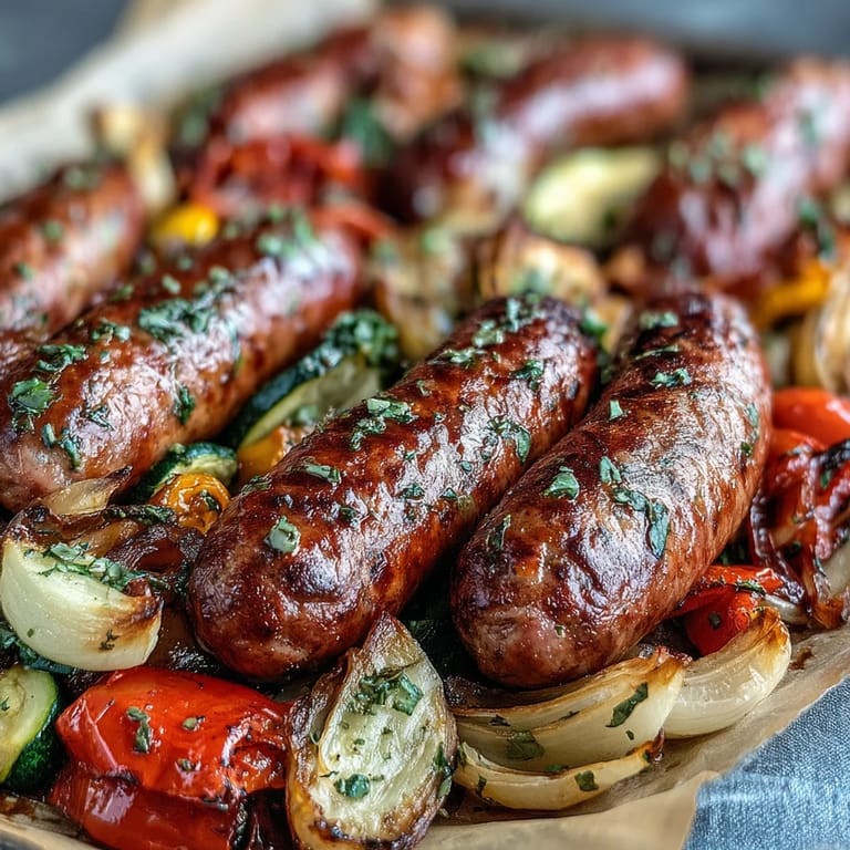 Sheet Pan Italian Sausage with Peppers and Zucchini served hot from the oven with fresh herbs sprinkled over the top.