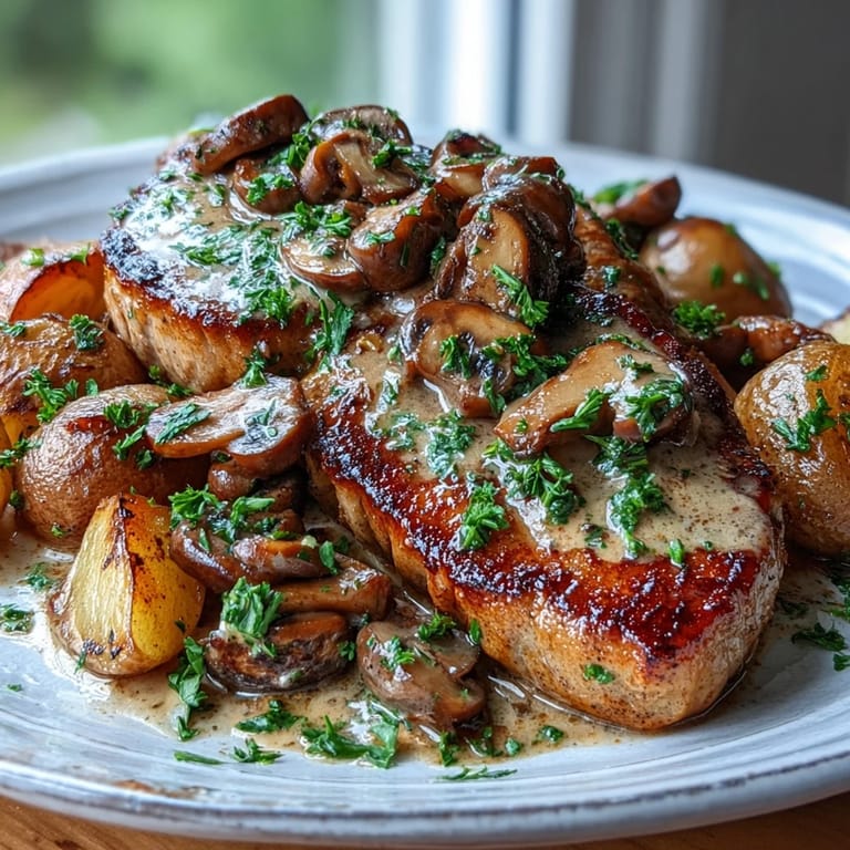 Sizzling pork chops seared in skillet topped with velvety mushroom cream sauce and served alongside low-carb roasted radishes.