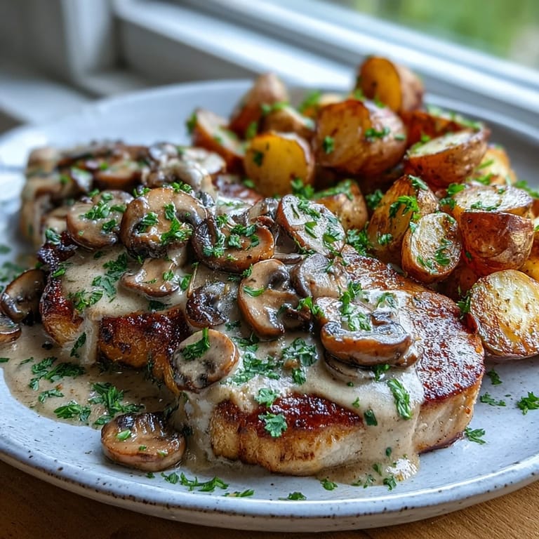 Plated Keto Creamy Mushroom Pork Chops with creamy parmesan mushroom gravy and bright roasted radishes for a satisfying dinner.