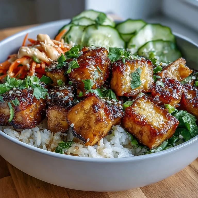 Jasmine rice forms the base for this Vegan Crispy Tofu Banh Mi Bowl, topped with crunchy tofu, crisp pickles, jalapeños, and creamy sriracha mayo.