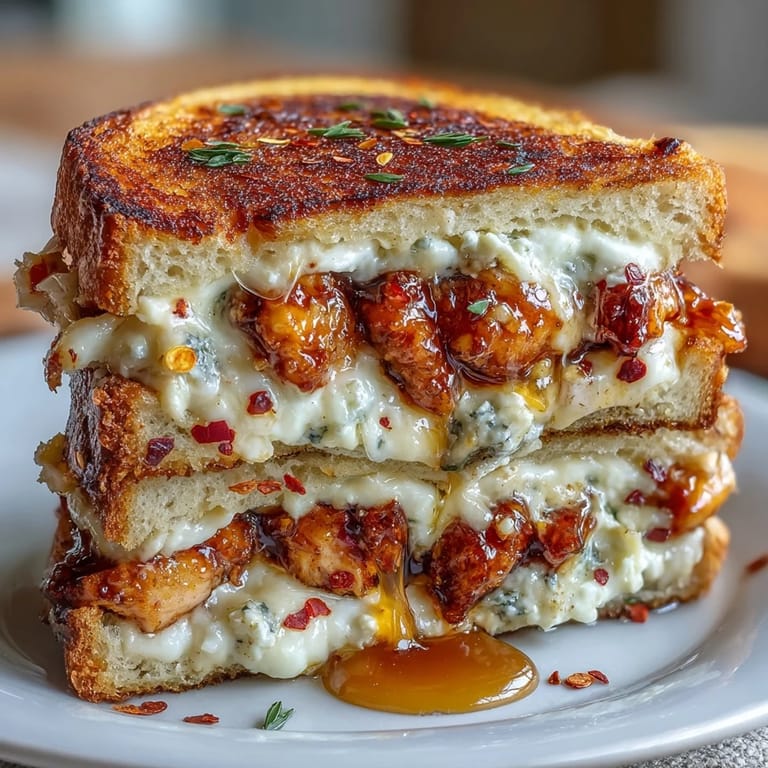 Melted goat cheese and hot honey chicken peek out from between buttery grilled sourdough slices.