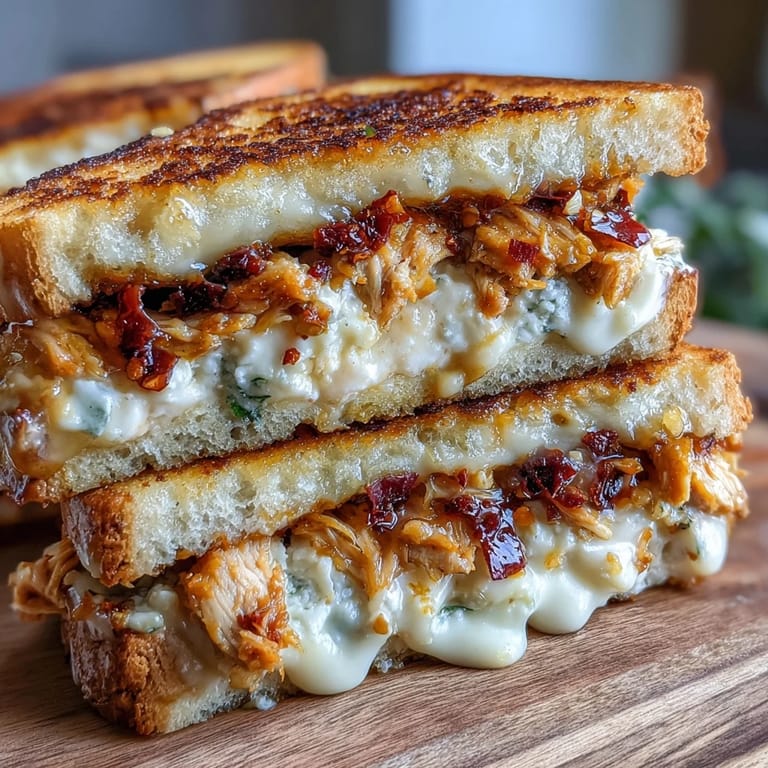 A close-up of a sliced goat cheese and hot honey chicken grilled cheese, garnished with chili flakes.