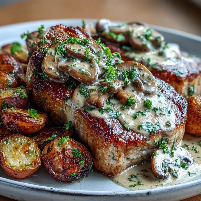Sizzling pork chops seared in skillet topped with velvety mushroom cream sauce and served alongside low-carb roasted radishes.