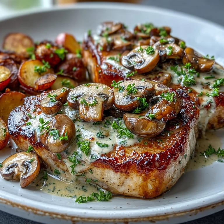 Plated Keto Creamy Mushroom Pork Chops with creamy parmesan mushroom gravy and bright roasted radishes for a satisfying dinner.