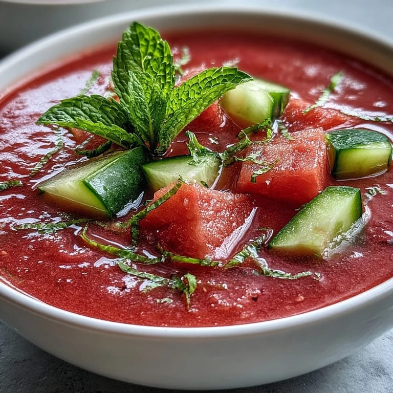 Refreshing chilled vegan watermelon mint gazpacho featuring crisp cucumber, zesty lime, and bright red bell pepper.