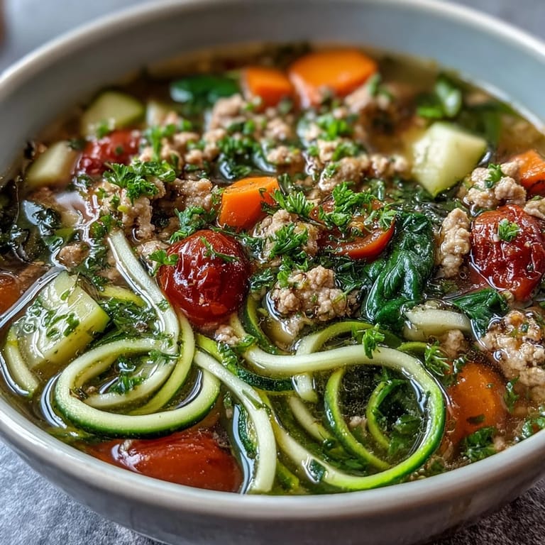This nourishing turkey and veggie zucchini noodle soup features lean ground turkey, fresh spiralized zucchini, and vibrant vegetables simmered in a flavorful broth.