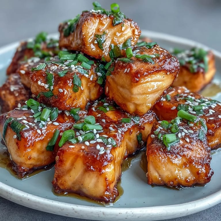 Golden pan-seared salmon cubes coated in creamy Thai chili sauce, perfect for a quick appetizer or main dish.  
