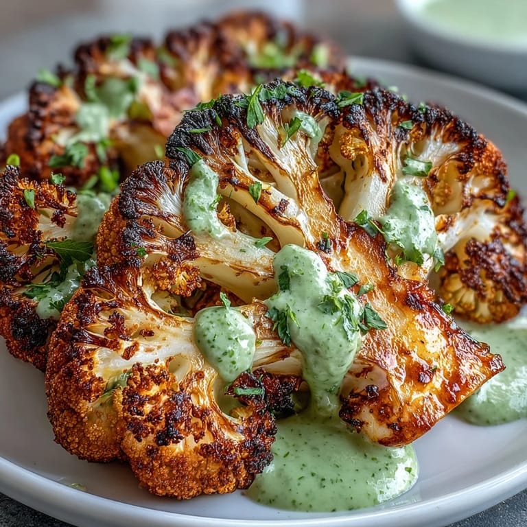 Spicy chili-lime cauliflower steaks served with creamy avocado sauce and garnished with fresh cilantro.  