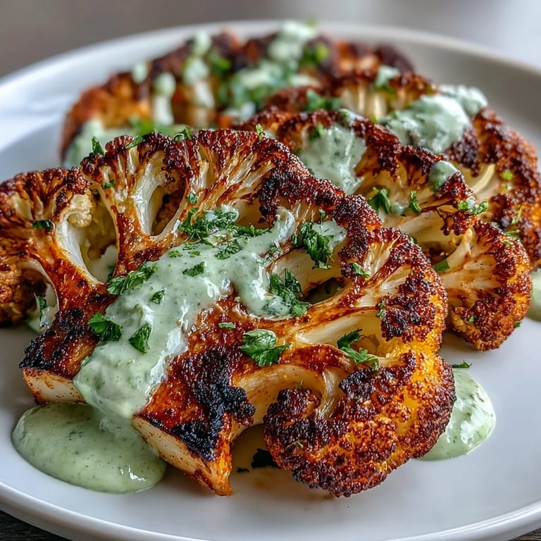 Low-carb cauliflower steaks with chili-lime seasoning, paired with smooth avocado crema for a bold vegetarian dish.