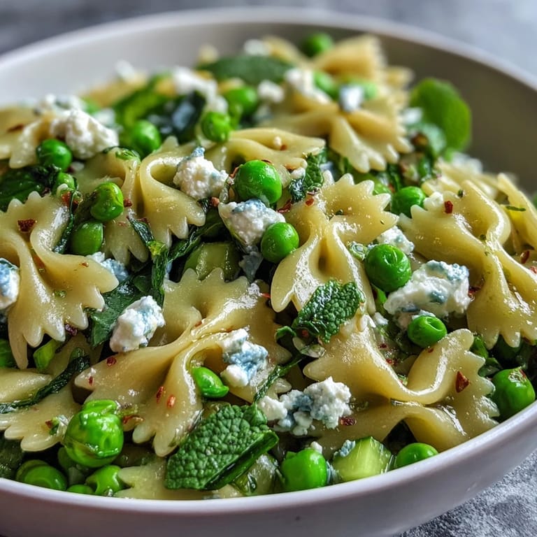 A close-up of colorful Spring Pea and Mint Pasta Salad with Lemon Vinaigrette, featuring crisp cucumber, crumbled feta, and fresh herbs, perfect for a refreshing vegetarian meal.