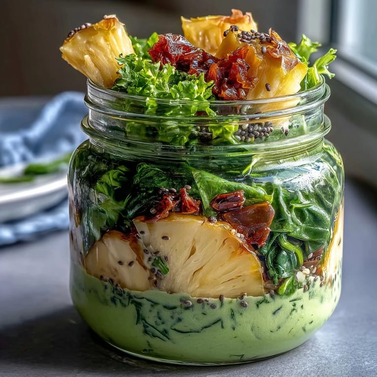 Layered green smoothie jars with tropical pineapple, ripe banana, and leafy spinach ready for easy meal prep.