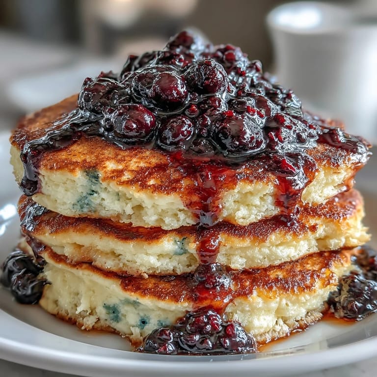 High-protein pancakes made with whole wheat and oat flour, served with a vibrant blueberry compote and a dollop of Greek yogurt.