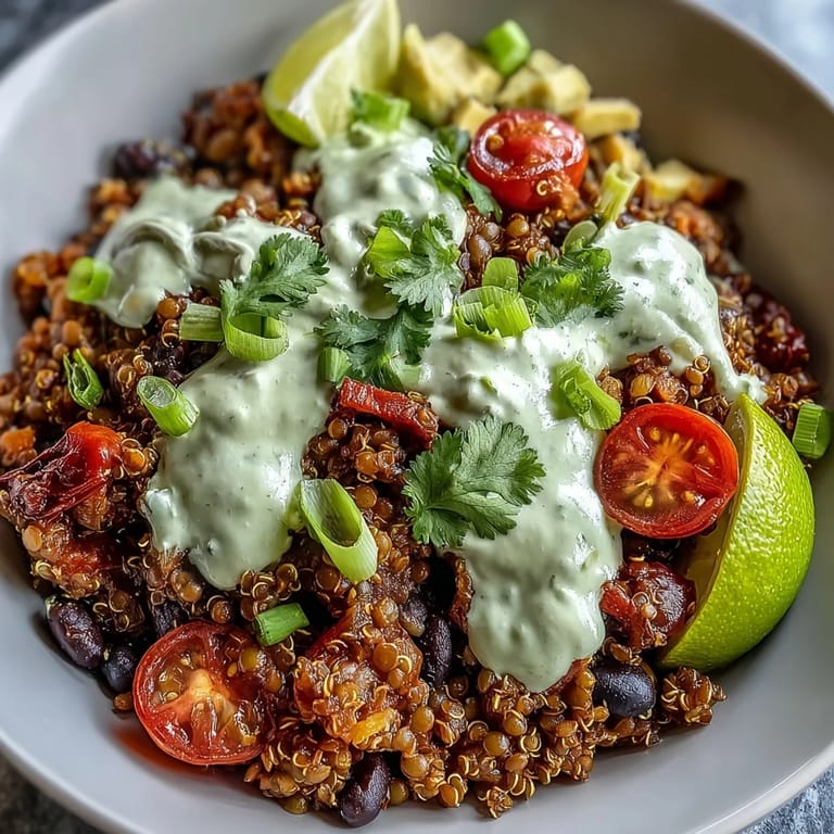 Vibrant vegan bowls featuring spiced lentil-quinoa taco meat, creamy avocado lime crema, and fresh toppings for a satisfying meal.
