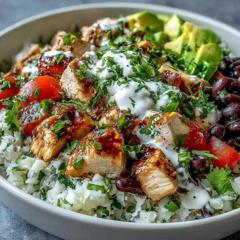 Close-up of a healthy burrito bowl with fresh ingredients highlighting the cilantro-lime cauliflower rice.