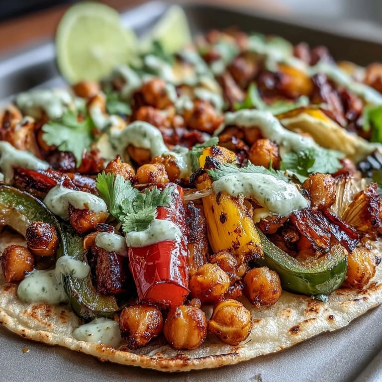 Roasted peppers, zucchini, and chickpeas served in warm tortillas with fresh cilantro and lime.  