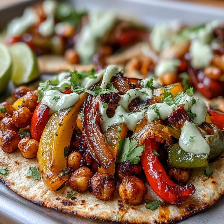Easy plant-based fajitas loaded with vibrant vegetables, chickpeas, and zesty guacamole yogurt sauce.