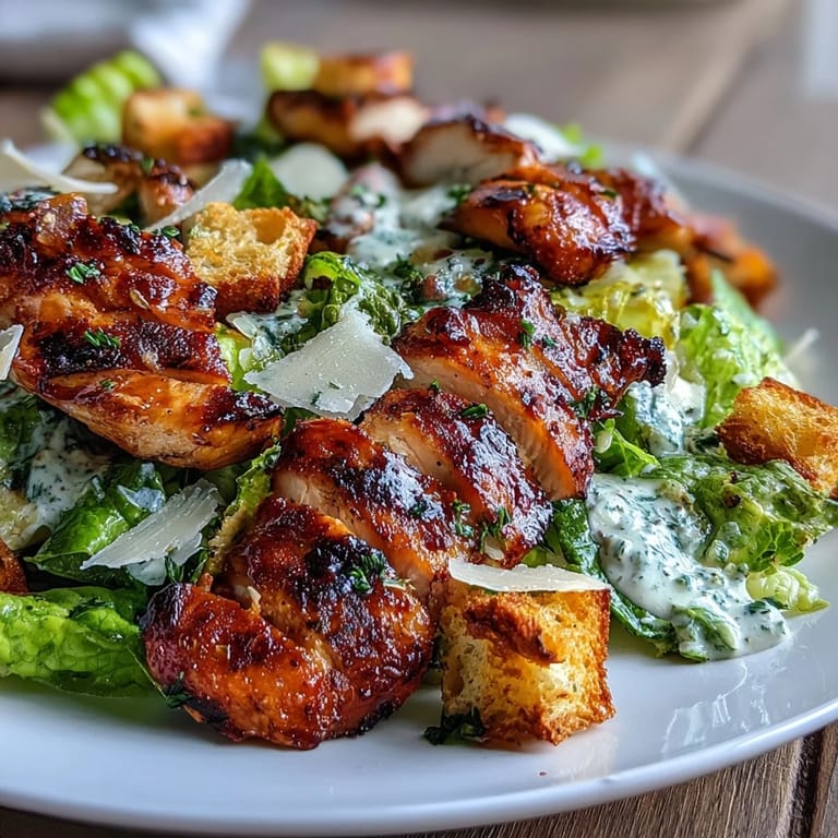 Protein-packed grilled chicken Caesar salad with tangy Greek yogurt dressing, fresh romaine, and golden sourdough croutons for a healthy twist.  