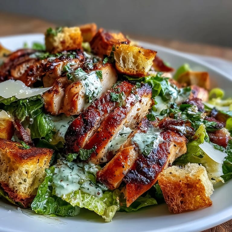 Classic Caesar salad elevated with grilled chicken, creamy Greek yogurt dressing, and homemade sourdough croutons, perfect for a satisfying meal.