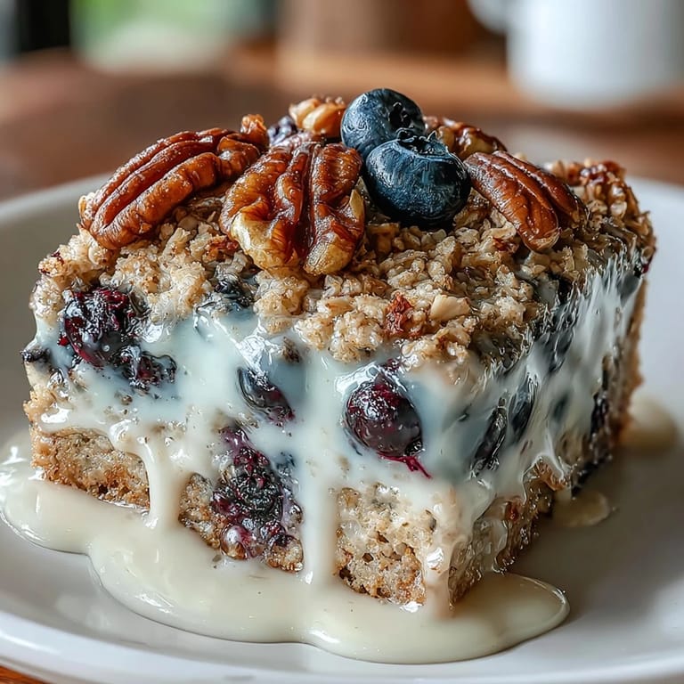 Baked oatmeal with fresh blueberries and a marbled Greek yogurt swirl, offering a comforting, fiber-rich breakfast with natural sweetness.