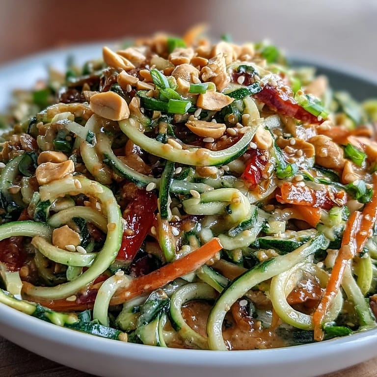 Crunchy zucchini noodles, crisp carrot ribbons, and red cabbage shine in this vegan Thai peanut salad, garnished with sesame seeds and herbs.