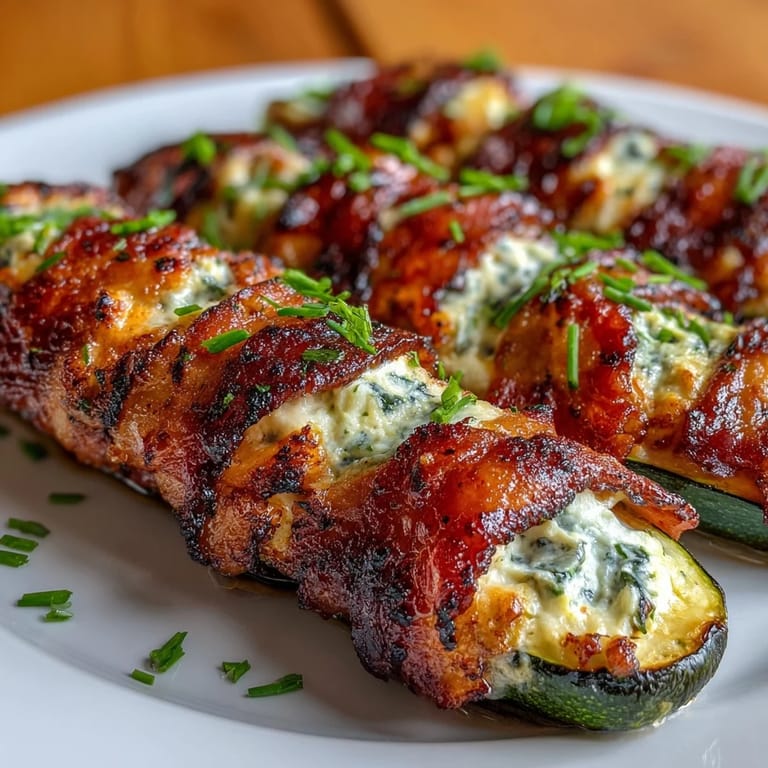 Savory zucchini halves stuffed with herbed cream cheese, wrapped in crispy bacon for a low-carb, keto-friendly meal.