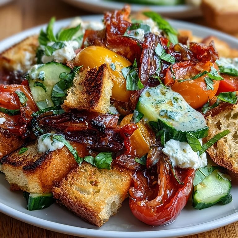 Heirloom tomatoes and toasted sourdough cubes tossed with fresh basil dressing in a rustic Italian Panzanella Salad.  