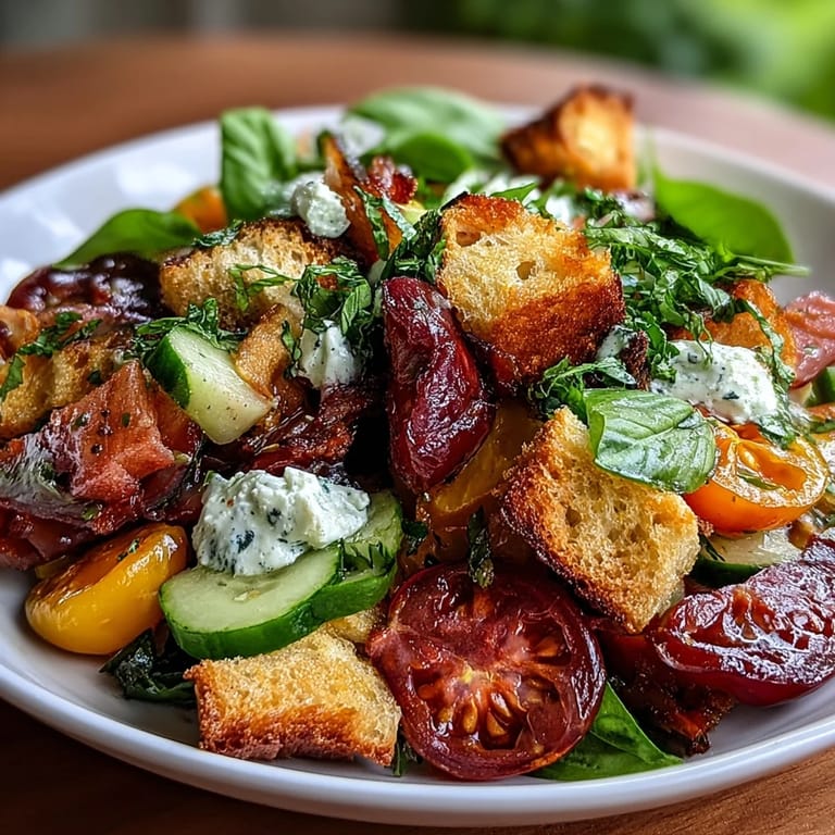 Vibrant Sourdough Panzanella Salad featuring golden croutons, ripe tomatoes, and creamy mozzarella, perfect for summer meals.