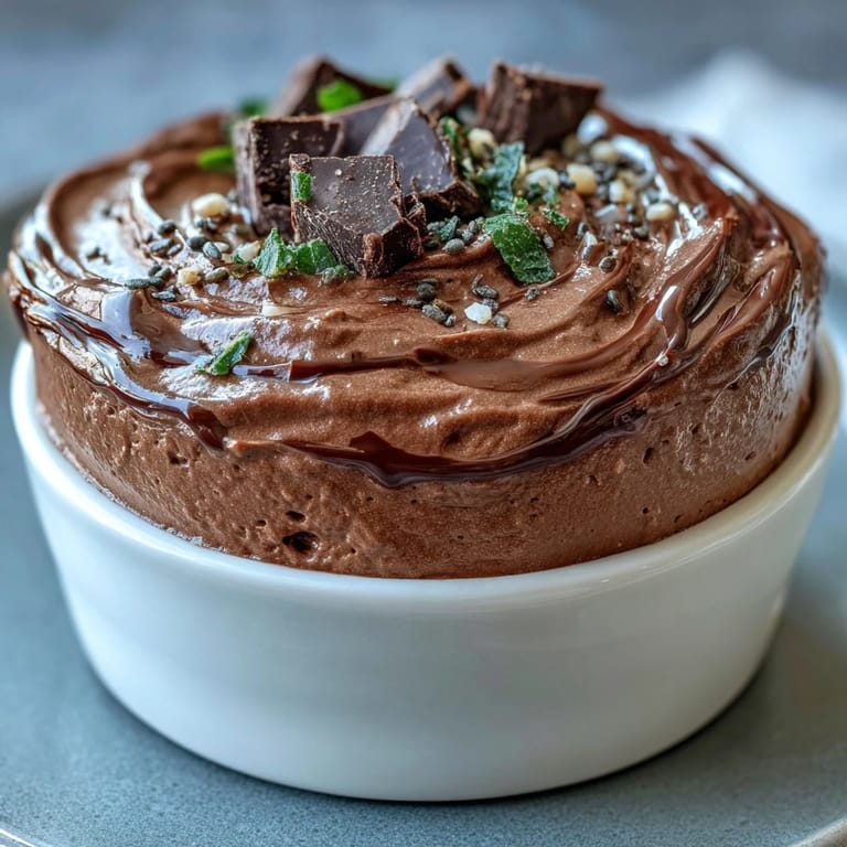 Silky smooth chocolate mousse blended with cottage cheese, chia seeds, and sweetener, topped with fresh berries.