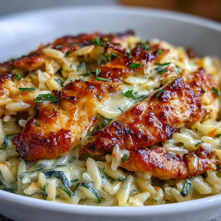 Chicken and Veggie Boursin Orzo Bake - Golden-brown chicken, sautéed zucchini, and vibrant red and yellow peppers mixed with orzo pasta, creamy Boursin cheese, and baked until bubbling and fragrant.